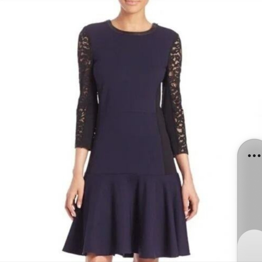 Rebecca Taylor 2 tone black blue drop waist flare zipper and lace mini dress 4